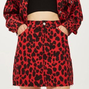 TOPSHOP RED CHEETAH DENIM MINI SKIRT